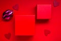 Valentines mockup with red boxs or presents on a red background with hearts for your text