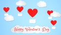 Valentines of paper craft design, red hearts and clouds are holding by sting on top, soft blue background , Happy