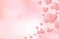 Valentines Paper cut hearts flying elements on pink mesh background for postcard. Vector symbols of love in shape of