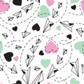 Valentines Paper Planes and Hearts Seamless Pattern on White Background