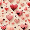 Valentines Pattern - Bright Heart with Assorted Pink and Black Hearts on Pastel Background, square