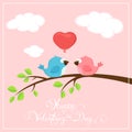 Valentines pink background with two birds and balloon heart Royalty Free Stock Photo