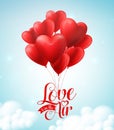 Valentines red heart balloons vector poster design with floating love is in the air text Royalty Free Stock Photo