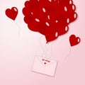 Valentines red hearts balloon with envelope, postcard on pink background. Love symbols in shape of heart for Happy Valentine`s Da Royalty Free Stock Photo