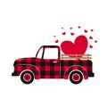 Valentines retro truck. Red buffalo plaid pattern. Vintage pickup delivers hearts. Vector template for Valentine s Day greeting