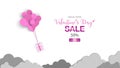 Valentines`s Day with heart balloon of gift box paper cut style