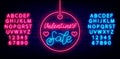 Valentines Sale neon lettering in circle label. Light advertising with alphabet. Editable stroke. Vector illustration