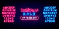 Valentines Sale neon sign in heart shape. Light advertising with alphabet. Vector stock illustration