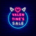 Valentines Sale neon sign. Heart with wings. Bright advertising. Discount signboard for shop. Vector illustration