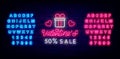 Valentines Sale neon signboard with alphabet. Special offer light advertising. Vector stock illustration