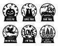 Valentines snow globe vector set. Love symbols. Paper cut template with phrases