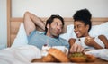 Valentines surprise, birthday or interracial couple celebrate womens day breakfast in bed by a romantic, husband for his Royalty Free Stock Photo