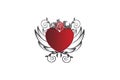 Valentines Symbol. Love heart sketch with wings and rose flower vintage decoration