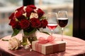 Valentines symbols Red rose, wine, and a gift box, love and romance