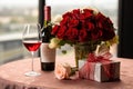 Valentines symbols Red rose, wine, and a gift box, love and romance