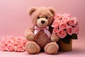 Valentines teddy bear clutches pink roses against a romantic pink backdrop Royalty Free Stock Photo