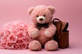 Valentines teddy bear clutches pink roses against a romantic pink backdrop