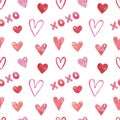 Watercolor cute Valentines day seamless pattern with pink and red hearts on white background. Holiday print