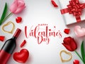 Valentines vector banner background. Happy valentine`s day text with champagne, gift and tulip love element. Royalty Free Stock Photo