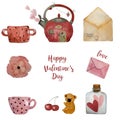 Valentines watercolor love set collection letters, hearts and kettle house, envelope lovely illustration.