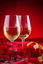 Valentines or wedding concept. Wine cups red roses and romantic Royalty Free Stock Photo