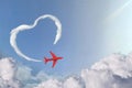 Valentines week special illustration idea. Airplane make heart shape of smoke clouds on sky