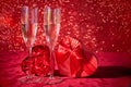 Valentines wine and rose on heart bokeh background