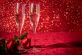 Valentines wine and rose on heart bokeh background