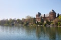 Valentino castle and Po river in a sunny spring day in Piedmont, Turin, Italy