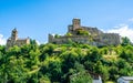 The Valere basilica also called Valere castle scenic view on rocky hill and small church with clear blue sky Sion Valais