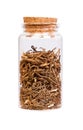 Valerian root in a bottle with cork stopper for medical use.
