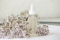 Valerian or Valeriana officinalis tincture bottle with pink small Valeriana plant blossoms