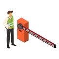 Valet man at barrier icon, isometric style