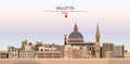 Valletta cityscape on sunset sky background vector illustration with country and city name and with flag of Malta