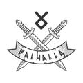 Valhalla logotype with crossed monochrome swords and rune