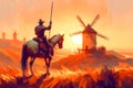 A valiant knight, Don Quixote, confronts iconic windmills at sunset, embodying the eternal struggle against imaginary foes