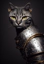 The valiant striped protector. A portrait of a cat warrior in glorious knightly armor. AI-generated