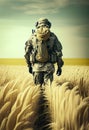 Valiant warrior soldier walks through the field with wheat harvest. AI Generated