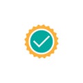 Valid Seal icon. Blue and orange circle with ribbon outline and white tick. Flat OK sticker icon. Isolated on