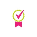 Valid Seal icon. Green and pink circle with ribbon and white tick. Quality guarantee