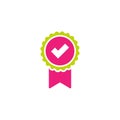 Valid Seal icon. Green and pink circle with ribbon and white tick. Quality guarantee