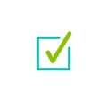 Valid Seal icon. Green tick in squared box. Flat OK sticker icon. Isolated on white.