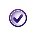 Valid Seal icon. Violet and purple tick in purple circle. Flat OK sticker icon. Isolated on white. Accept button.