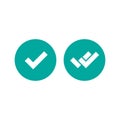 Valid Seal icons set. Blue circle with tick and double tick. Flat OK sticker icon