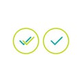 Valid Seal icons set. Green circle with tick and double tick. Flat OK sticker icon. Isolated on white