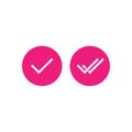 Valid Seal icons set. Pink circle with tick and double tick. Flat OK sticker icon