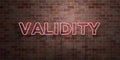 VALIDITY - fluorescent Neon tube Sign on brickwork - Front view - 3D rendered royalty free stock picture