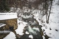 Valira dOrient river in winter with snow banks in El Tarter, Pyrenees Mountains, Andorra Royalty Free Stock Photo