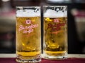 Logo of Valjevsko Pivo Beer on cold glasses. Valjevsko pivo is a light beer produced by the Valjevska Pivara Brewery in Valjevo. Royalty Free Stock Photo