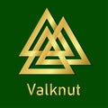 Valknut icon. Valknut sign isolated on green background. Gradient gold symbol god Odin. Pagan poster with valknut. Nordic tattoos